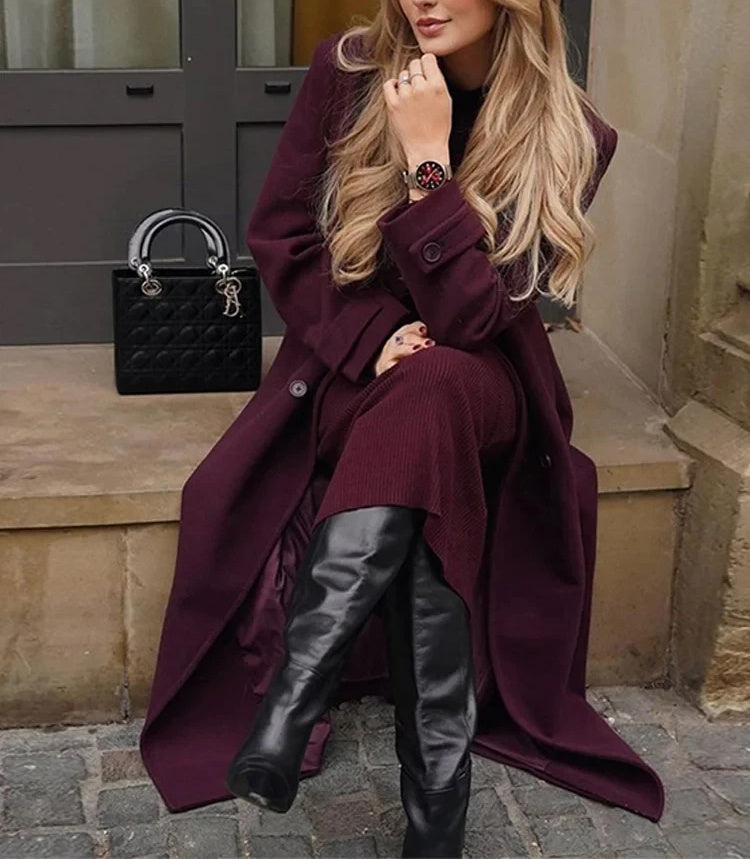 Fashion Lapel Woolen Coat With Belt Winter Double-breasted Trench Long Jacket For Women Clothing